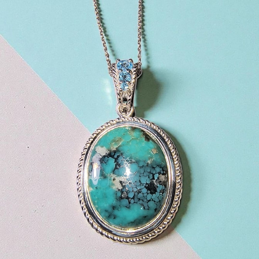 Large Campo Frio Turquoise & Blue Topaz Enhancer Necklace In Sterling Silver - Picture 1 of 11